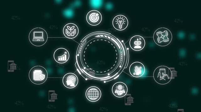 Digital business ecosystem infographic with animated tech and data loading