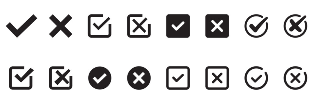 Check mark icon button set. Check box icon with right and wrong buttons and yes or no checkmark icons in green tick box and red cross. Yes, no sign. Approve and reject symbols. 