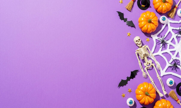 A vibrant Halloween-themed arrangement featuring pumpkins, a skeleton, spider web, bats, and decorative eyes on a purple background.