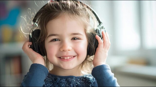 Happy little girl with curly hair listening to music with headphones and smiling at the camera