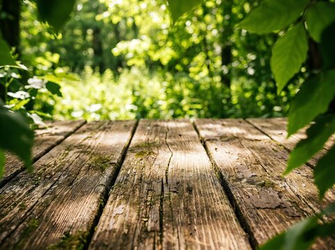 green leaves on wood background
