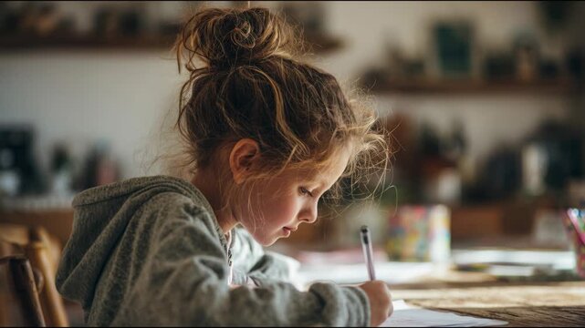 Profile view of a cute concentrated child writing or drawing on a paper sheet at a wooden desk