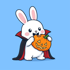 Fototapeta premium Cute Dracula rabbit vector illustration eating a Halloween pumpkin with a happy expression.
