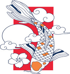Traditional Japanese Koi Fish Vector Illustration Featuring a Carp Swimming with Sakura Cherry Blossom, Stylized Clouds, and a Sun Motif. Perfect for Oriental Art Tattoo Designs. © Sadek