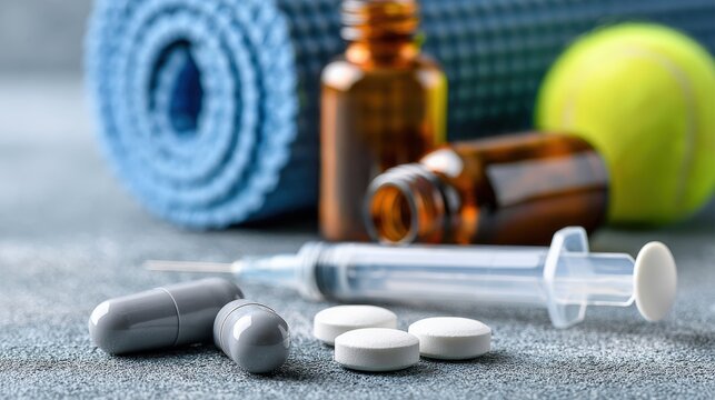 Medicine capsules, tablets, a syringe, and amber bottles are arranged on a surface with a yoga mat and tennis ball blurred in the background.