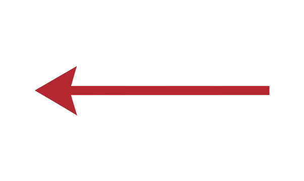 Red arrow icon set, straight triangular head pointing left, simple navigation symbol, bold directional sign, isolated on white background, editable vector EPS illustration.