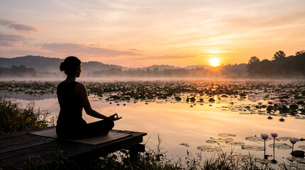 Fototapeta premium Woman Meditating at Sunrise by Lake