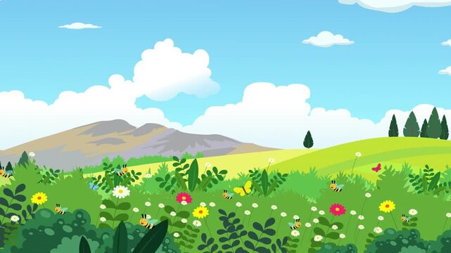 Animation of Sunny Spring Meadow with bees, wild flowers and rolling countryside landscape