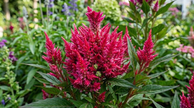 Vibrant red celosia flower blooming in a lush garden setting.