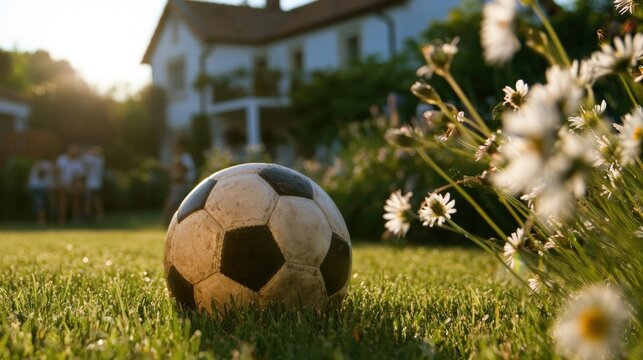 A soccer ball rests on grass near blooming daisies with a blurred group of people and a house in the background during a sunny day.