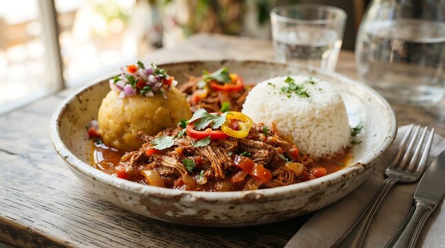 Traditional ropa vieja with shredded beef rice and mofongo served in a rustic ceramic plate