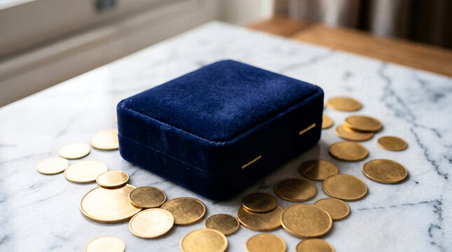 Closed blue velvet jewelry box surrounded by scattered gold coins on marble