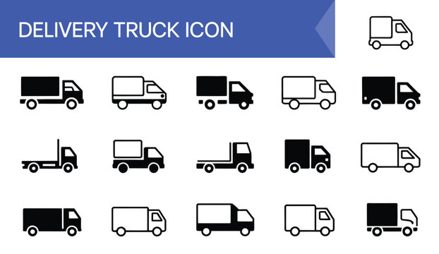 Delivery truck icon set, logistics service cargo van symbols with loading unloading and delivery incident editable stroke vector design