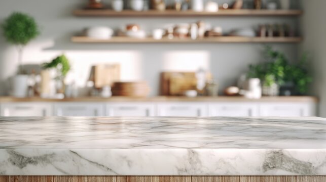 A clean, polished marble countertop in a modern kitchen with blurred shelves, plants, and kitchenware in the background.