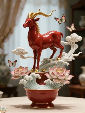 Red and white, gold porcelain sculpture featuring an elegant ram with curled horns emerging from a vase surrounded by lotus flowers peonies sculpted clouds and waves

