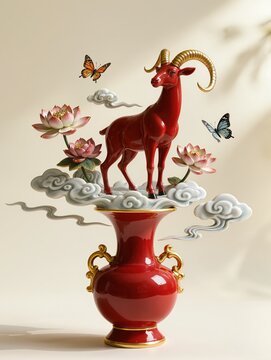 Red and white, gold porcelain sculpture featuring an elegant ram with curled horns emerging from a vase surrounded by lotus flowers peonies sculpted clouds and waves

