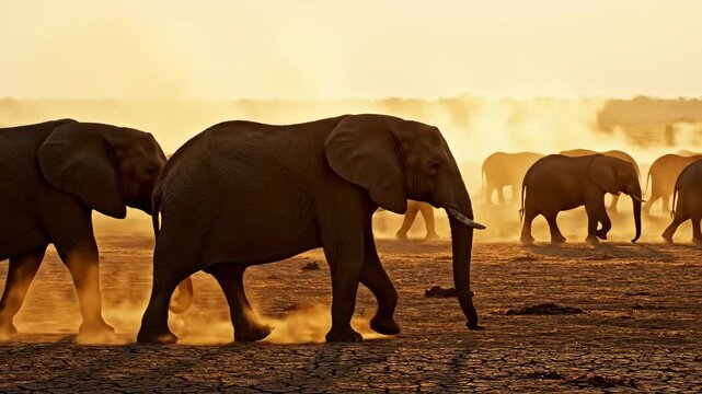 A magnificent herd of large African elephants marches across the dusty savanna plains under the warm glowing light of a golden sunset as the creatures migrate through their vast natural home