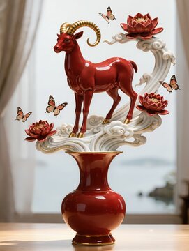 Red and white, gold porcelain sculpture featuring an elegant ram with curled horns emerging from a vase surrounded by lotus flowers peonies sculpted clouds and waves

