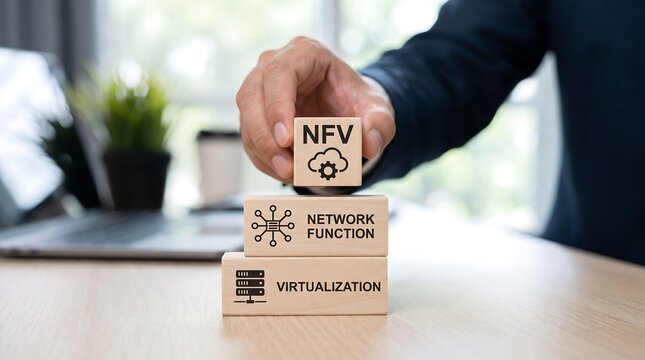 Hand stacking wooden blocks representing NFV network function virtualization for modern technology infrastructure concepts