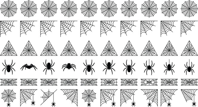 Spider web and spider silhouettes black vector icon set featuring various net corners triangles borders and creepy arachnids isolated on white background