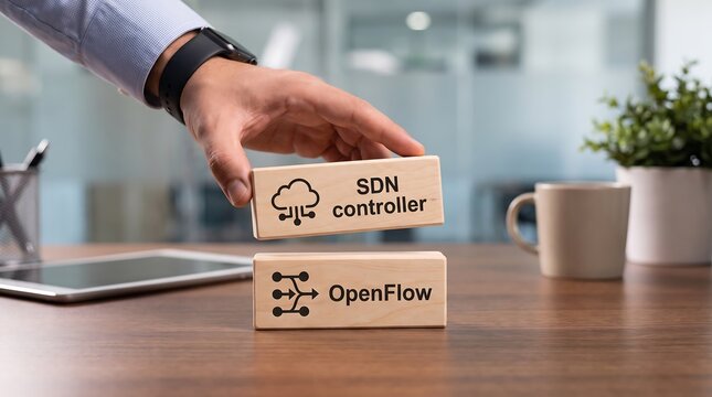 Hand holding wooden block with SDN controller concept near OpenFlow block on desk