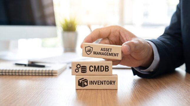 Businessman holding wooden blocks symbolizing asset management CMDB and inventory in a modern office setting