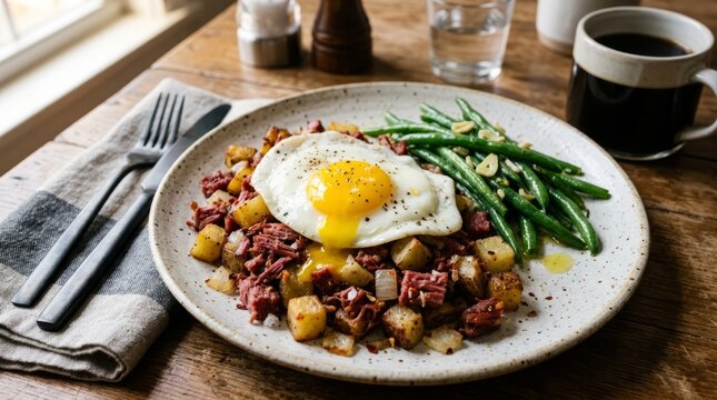 Hearty breakfast plate with corned beef hash, fried egg, and green beans, served with coffee.