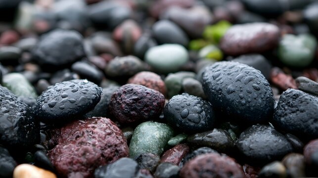 ro detail of wet pebbles showing rich reflective texture and natural surface patterns