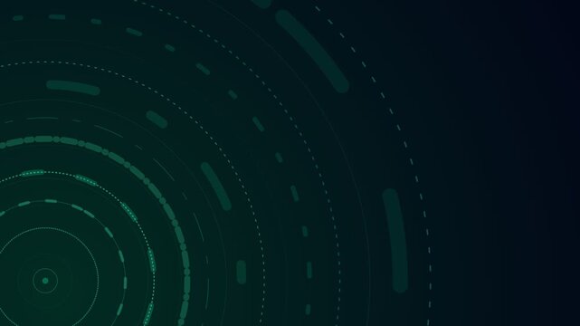 Concentric circles with dashed lines rotate in this sleek dark teal digital motion video background for modern tech interface projects