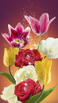 Bright flowers with water droplets in a colorful background during a spring morning