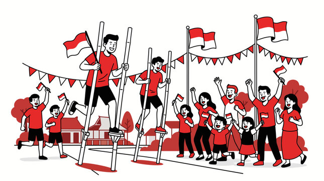 Indonesian Independence Day celebration with stilt race illustration