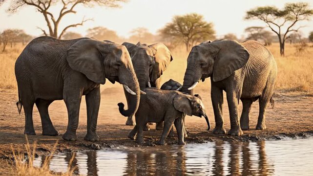 A herd of African elephants gathers to quench their collective thirst at a watering hole in the arid savanna, during a serene afternoon moment under the warm golden light of the vast sunny