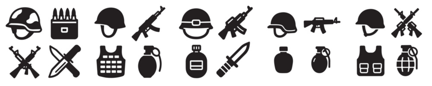 set of vector army equipment in silhouette style