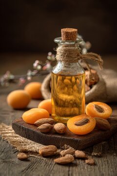 apricot kernel extract on a wooden background. Generative AI