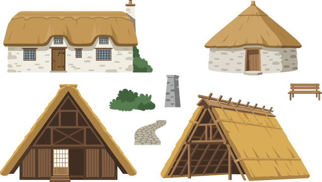 Historical Traditional Thatched Roof Houses Vector Set with Stone Cottages, Barns, and Ancient Village Dwellings for Architecture and Heritage Designs (19 words)