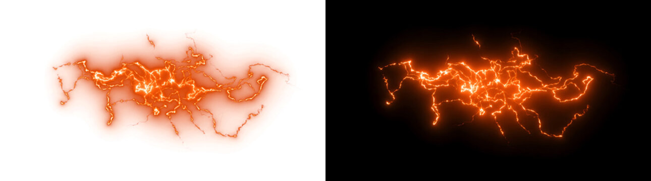 Orange electric lightning network burst crackles brightly with tangled energy branches spreading wide featuring PNG, Transparent and Black Background Versions for design