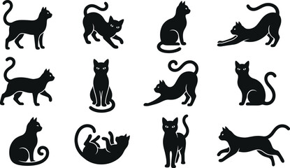 Black cat silhouettes vector icon set featuring various sitting stretching walking and running feline poses isolated on white background for Halloween designs © MdRobiul