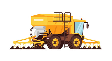 Obraz premium Modern Yellow Agricultural Seeder Machine Vector Illustration, Sowing and Planting Equipment for Agribusiness Concept