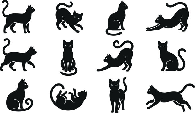 Black cat silhouettes vector icon set featuring various sitting stretching walking and running feline poses isolated on white background for Halloween designs