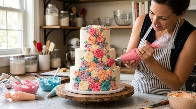 Skilled baker artfully decorates a multi-tiered cake with colorful floral frosting.