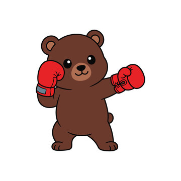 Strong cartoon brown bear boxer wearing red gloves in fighting stance on white.