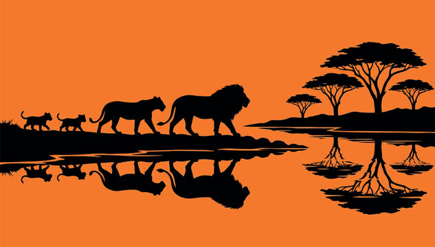 African Lion Pride Silhouette at Sunset on the Savanna Riverbank with Water Reflection and Acacia Trees - Wildlife Family Concept Illustration for Travel and Nature Backgrounds