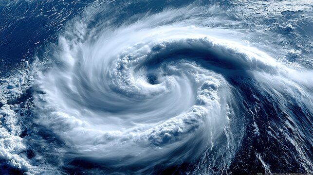 A powerful hurricane swirls over the ocean, with dense clouds spiraling around a calm eye at the center.