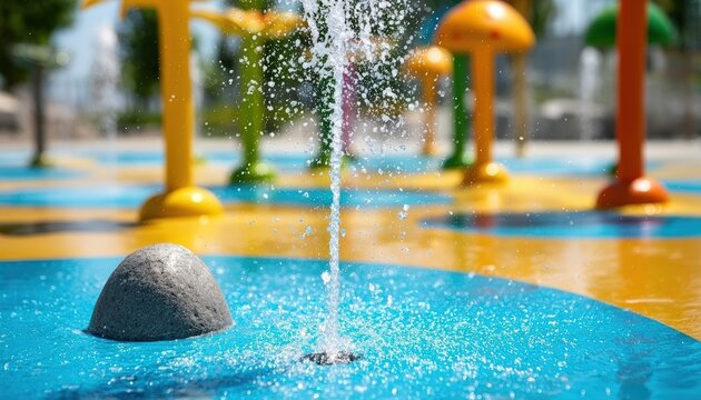 A colorful children's splash pad with water jets and mushroom-shaped fountains splashing water in a sunny outdoor play area.