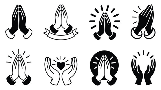 Praying hands and namaste vector icon set, spiritual gesture symbols with hand pose illustrations for meditation and religious design