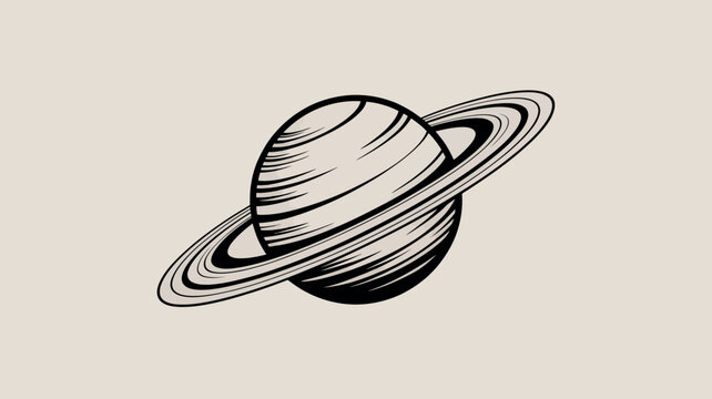 Vintage style illustration of saturn planet with rings, hand drawn black and white vector graphic light background