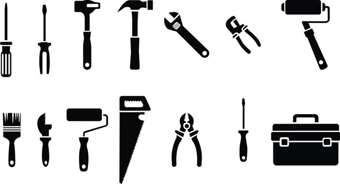 Hardware tools silhouette set including hammer screwdriver saw wrench and toolbox for construction. Black silhouette icons of various construction tools, including a hammer, , saw, and minimalist grap