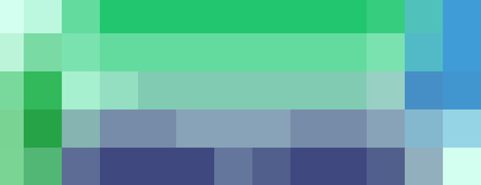 Abstract pixelated background composed of colorful square blocks in green, blue, and purple gradient tones