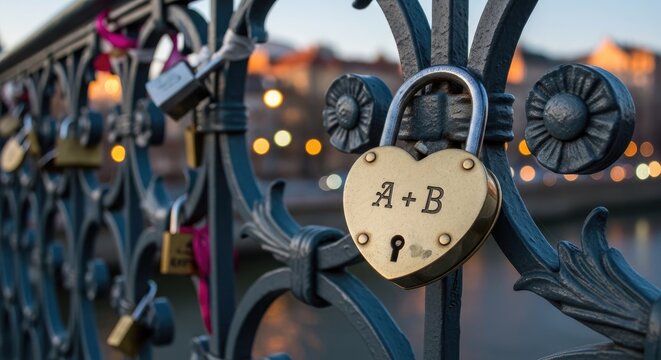 A close-up shot captures a heart-shaped padlock engraved with the initials "A+B" secured to a decorative wrought-iron fence.