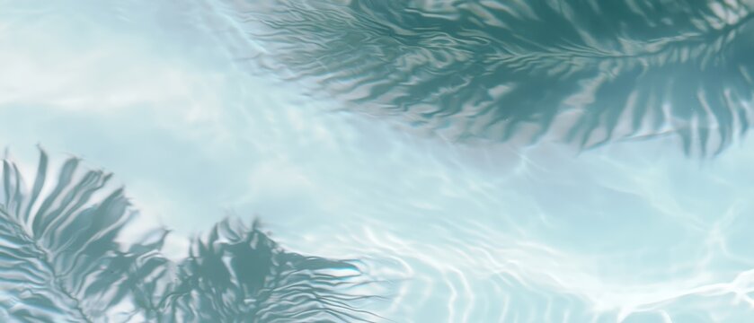 Light blue water surface with gentle ripples and subtle reflections, showing faint shadows of palm leaves along the edges.